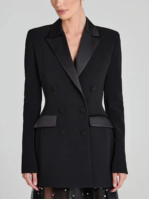 Ivano Milano™ | Blazer reversibile in satin nero con doppia fila di bottoni